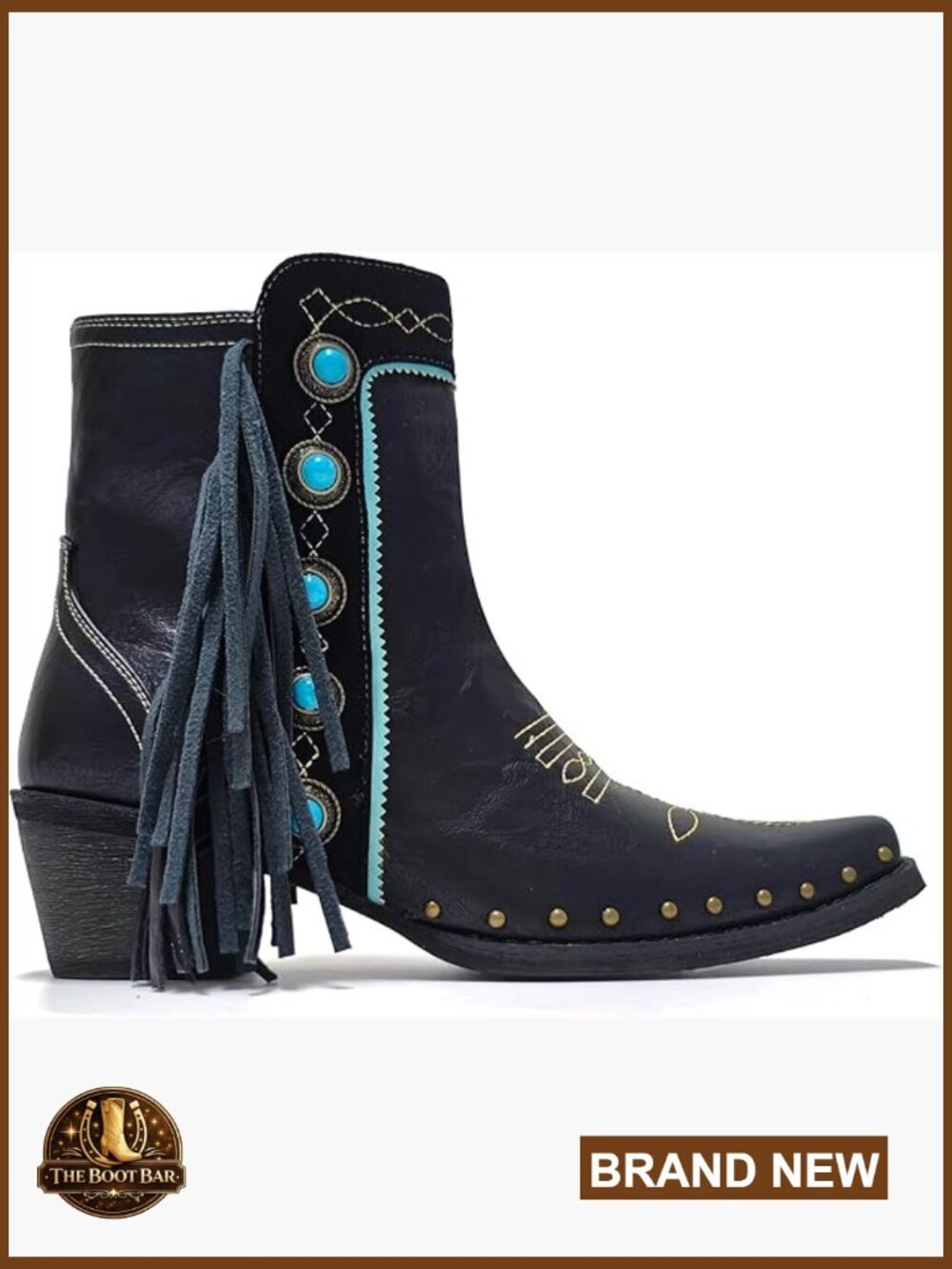 Studded Fringe Cowboy Ankle Booties with Turquoise Accents